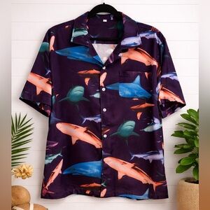 🌴🦈APTRO Hawaiian Shirt XL Shark Print 4-Way Stretch Tropical Button Up